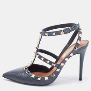 Valentino Two Tone Textured Leather Rockstud Ankle Strap Pumps Size 38