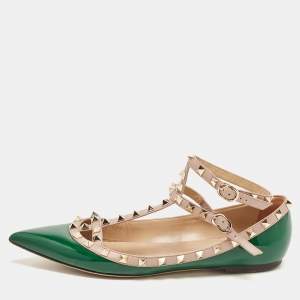 Pre Owned Valentino Green Patent Leather Rockstud Ankle Strap Ballet Flats Size 41