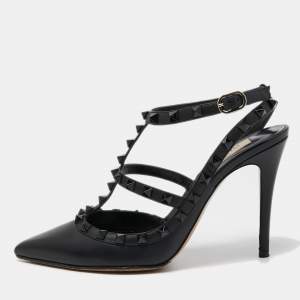 Pre Owned Valentino Black Leather Rockstud Ankle Strap Pumps Size 38.5