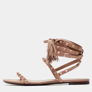 Pre Owned Valentino Beige Leather Rockstud Ankle Wrap Flats Size 40