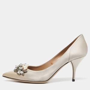 Valentino Grey Satin Crystal and Faux Pearl Embellished Pumps Size 37.5