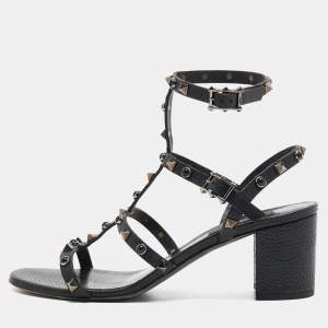 Valentino Black Leather Rolling Rockstud Ankle Strap Sandals Size 40