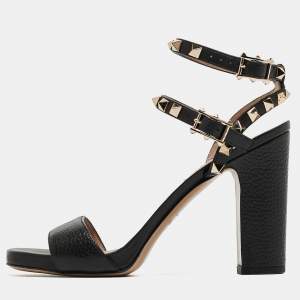 Pre Owned Valentino Black Leather Rockstud Ankle Strap Sandals Size 35