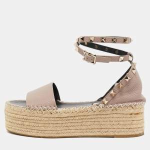 Pre Owned Valentino Dusty Pink Leather Rockstud Espadrille Platform Ankle Strap Sandals Size 36