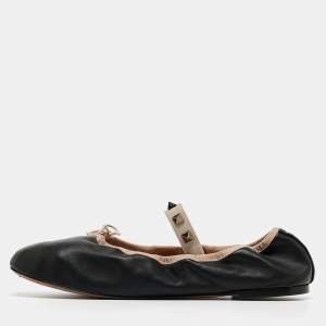 Pre Owned Valentino Black Leather Rockstud Mary Jane Bow Ballet Flats Size 38.5