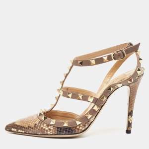 Pre Owned Valentino Two Tone Snakeskin Rockstud Ankle Strap Pumps Size 37.5