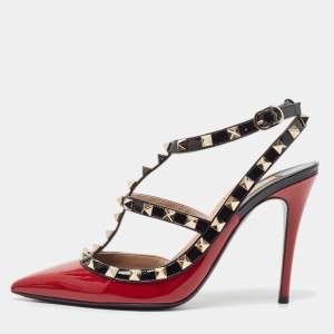 Pre Owned Valentino Dark Red/Black Patent Leather Rockstud Ankle Strap Pumps Size 36.5