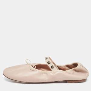 Pre Owned Valentino Beige Leather Rockstud Ballet Flats Size 39