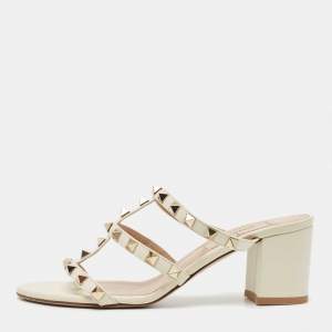 Pre Owned Valentino Off White Leather Rockstud Slide Sandals Size 35.5