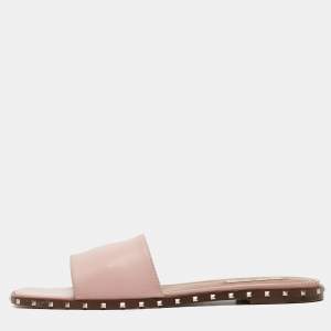 Valentino Pink Leather Soul Rockstud Flat Slides Size 39 
