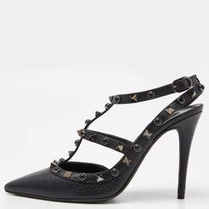 Pre Owned Valentino Black Leather Rockstud Strappy Pointed Toe Pumps Size 37.5