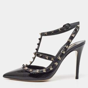 Pre Owned Valentino Black Leather Rockstud Slingback Pumps Size 37  