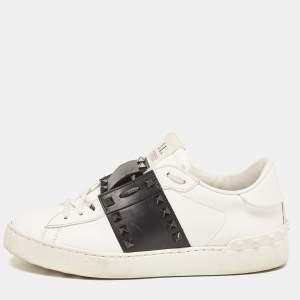 Pre Owned Valentino White/Black Leather Rockstud Low Top Sneakers Size 39.5 