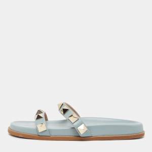 Valentino Grey Leather Roman Stud Flat Slides Size 39.5