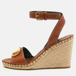Pre Owned Valentino Brown Leather Escape V logo Espadrille Wedge Ankle Wrap Sandals Size 40