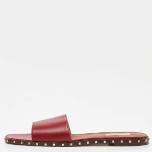Pre Owned Valentino Red Leather Soul Rockstud Flat Slides Size 41