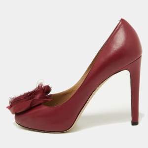 Pre Owned Valentino Burgundy Leather Rose Applique Peep Toe Pumps Size 37.5