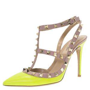 Pre Owned Valentino Neon Yellow and Beige Leather Rockstud Sandals Size 36.5