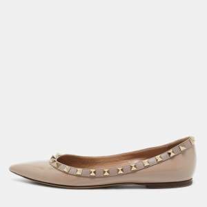 Pre Owned Valentino Beige Patent Leather Rockstud Ballet Flats Size 36.5