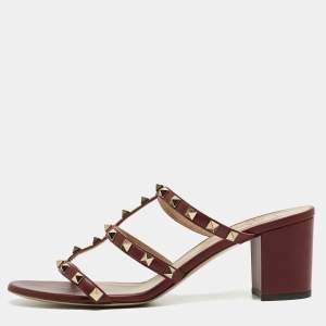 Valentino Burgundy Leather Rockstud Sandals Size 41
