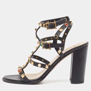 Pre Owned Valentino Black Leather Rockstud Ankle Strap Sandals Size 37.5