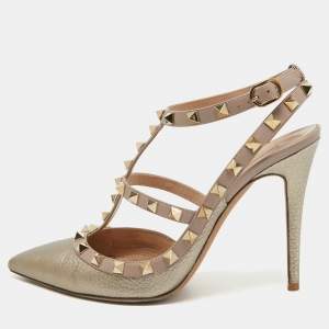 Pre Owned Valentino Metallic Gold Leather Rockstud Ankle Strap Pumps Size 39