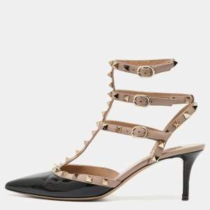 Pre Owned Valentino Black/Beige Patent Rockstud Ankle Strap Pumps Size 40
