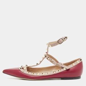 Pre Owned Valentino Burgundy/Beige Leather Rockstud Ballet Flats Size 38.5