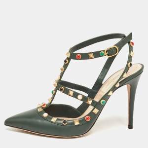 Pre Owned Valentino Green Leather Rolling Rockstud Ankle Strap Pumps Size 38.5
