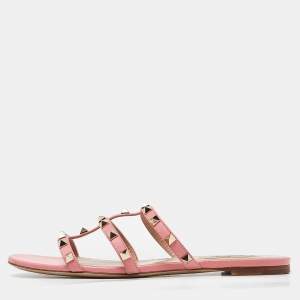 Pre Owned Valentino Pink Leather Rockstud Slide Flats Size 40