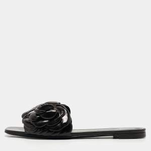 Pre Owned Valentino Black Leather 03 Rose Edition Atelier Flat Slides Size 39