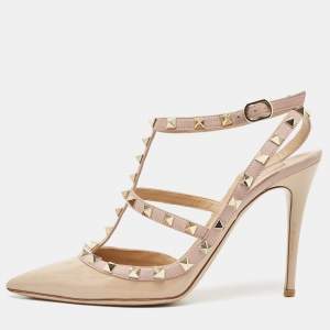 Pre Owned Valentino Beige Patent Leather Rockstud Ankle Strap Pumps Size 39.5