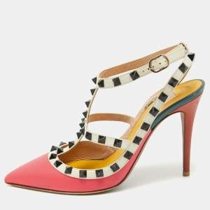 Valentino Tricolor Leather Rockstud Pointed Toe Ankle Strap Pumps Size 38  