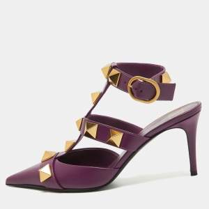 مملوكة مسبقًا Valentino Purple Leather Roman Stud Ankle Strap Pumps Size 39.5