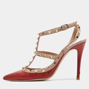 Valentino Red/Dusty Pink Leather Rockstud Ankle Strap Pumps Size 39