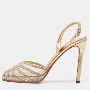 Valentino Gold Mesh and Crystal Embellished Suede Platform Slingback Sandals Size 37