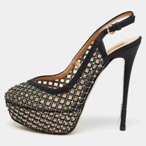 Valentino Black Satin and Leather  Crystal Embellished Pumps Size 37.5  