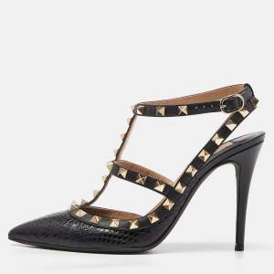 Pre Owned Valentino Black Snakeskin and Patent Leather Rockstud Ankle Strap Pumps Size 37.5