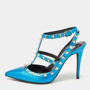 Pre Owned Valentino Metallic Blue Leather Rockstud Ankle Strap Pumps Size 37.5