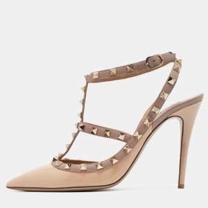 Pre Owned Valentino Beige Patent Leather Rockstud Ankle Strap Pumps Size 41