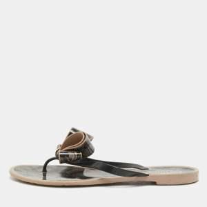 Pre Owned Valentino Black/Beige Rubber Thong Flat Slides Size 38
