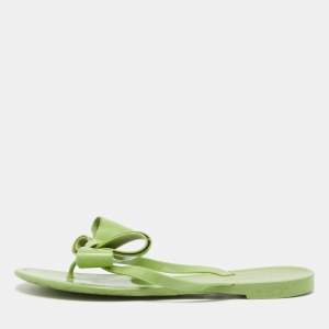 Valentino Green Rubber  Rockstud Bow Thong Flat Slides  Size 38