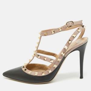 Valentino Black/Dusty Pink Leather Rockstud Ankle Strap Pumps Size 38.5