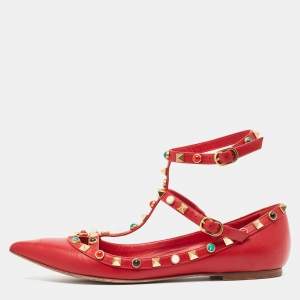 Pre Owned Valentino Red Leather Rockstud Ballet Flats Size 37