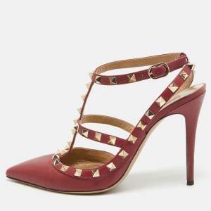 Pre Owned Valentino Burgundy Leather Rockstud Ankle Strap Pumps Size 39