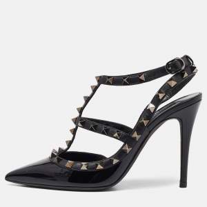 Pre Owned Valentino Black Patent Leather Rockstud Strappy Pumps Size 36