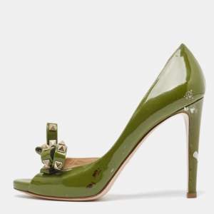 Valentino Army Green Patent Leather Rockstud Bow Open Toe D'orsay Pumps Size 39.5