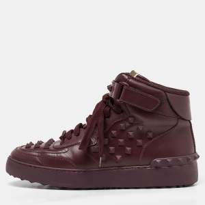 Pre Owned Valentino Burgundy Leather Rockstud High Top Sneakers Size 38