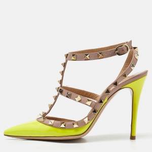 Pre Owned Valentino Neon/Pink Patent and Leather Rockstud Ankle Strap Sandals Size 37