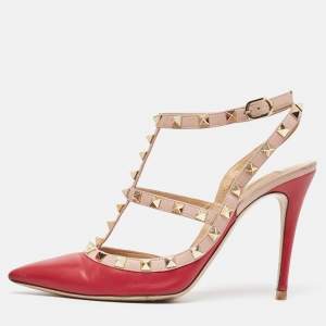 Pre Owned Valentino Red/Pink Leather Rockstud Ankle Strap Pumps Size 39
